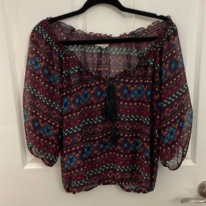 Olsenboye Sheer Colorful Aztec Print 1/2 Sleeve Top